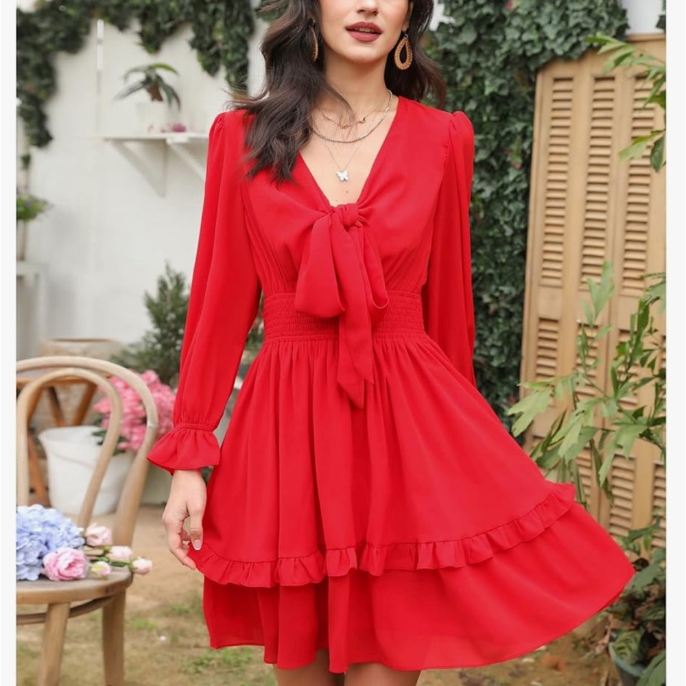 Tiered Ruffle Dress with Balloon Long Sleeve, Red, Large